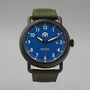 DelRay Men's Watch - Blue Dial - PVD Black Case Watch - McDowell Time Auto-Quartz Kinetic Movement YT57