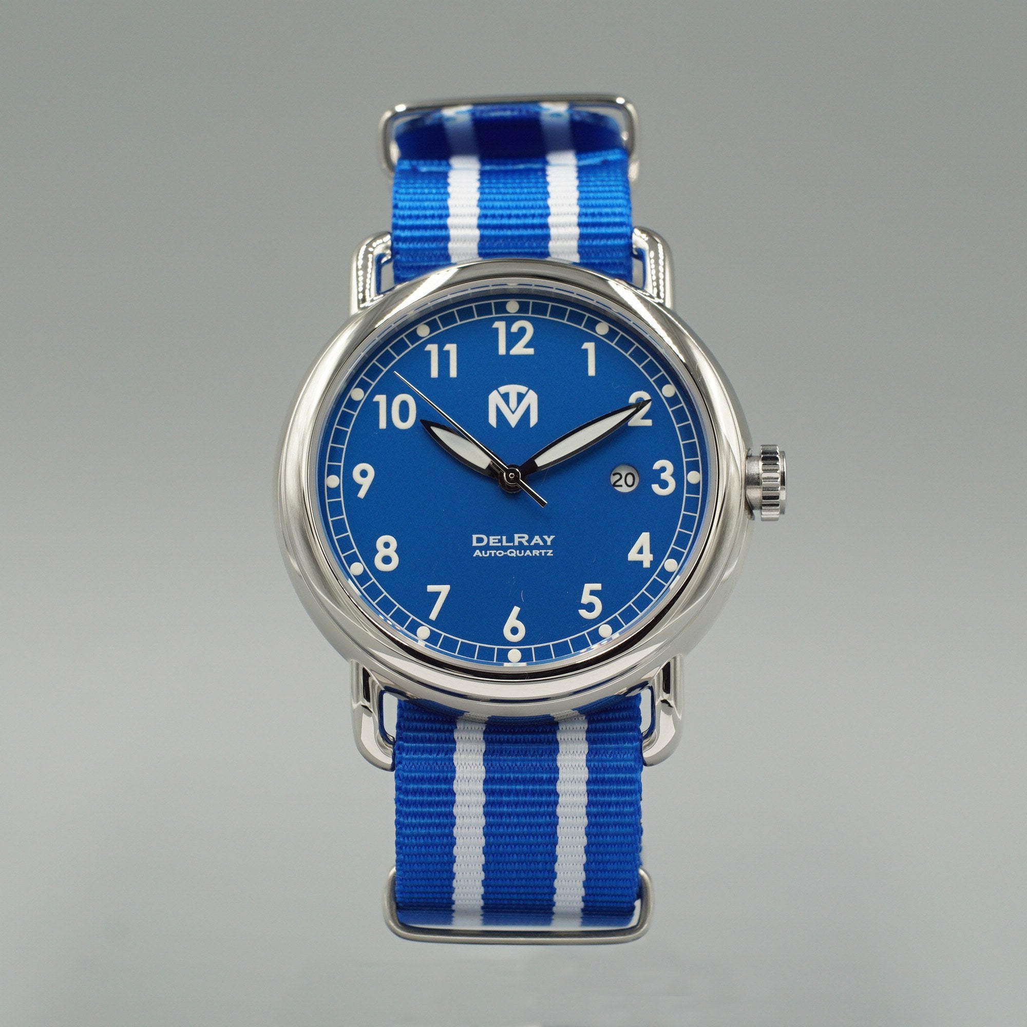 DelRay Men's Watch - Blue Dial - Polished Case Watch - McDowell Time Auto-Quartz Kinetic Movement YT57