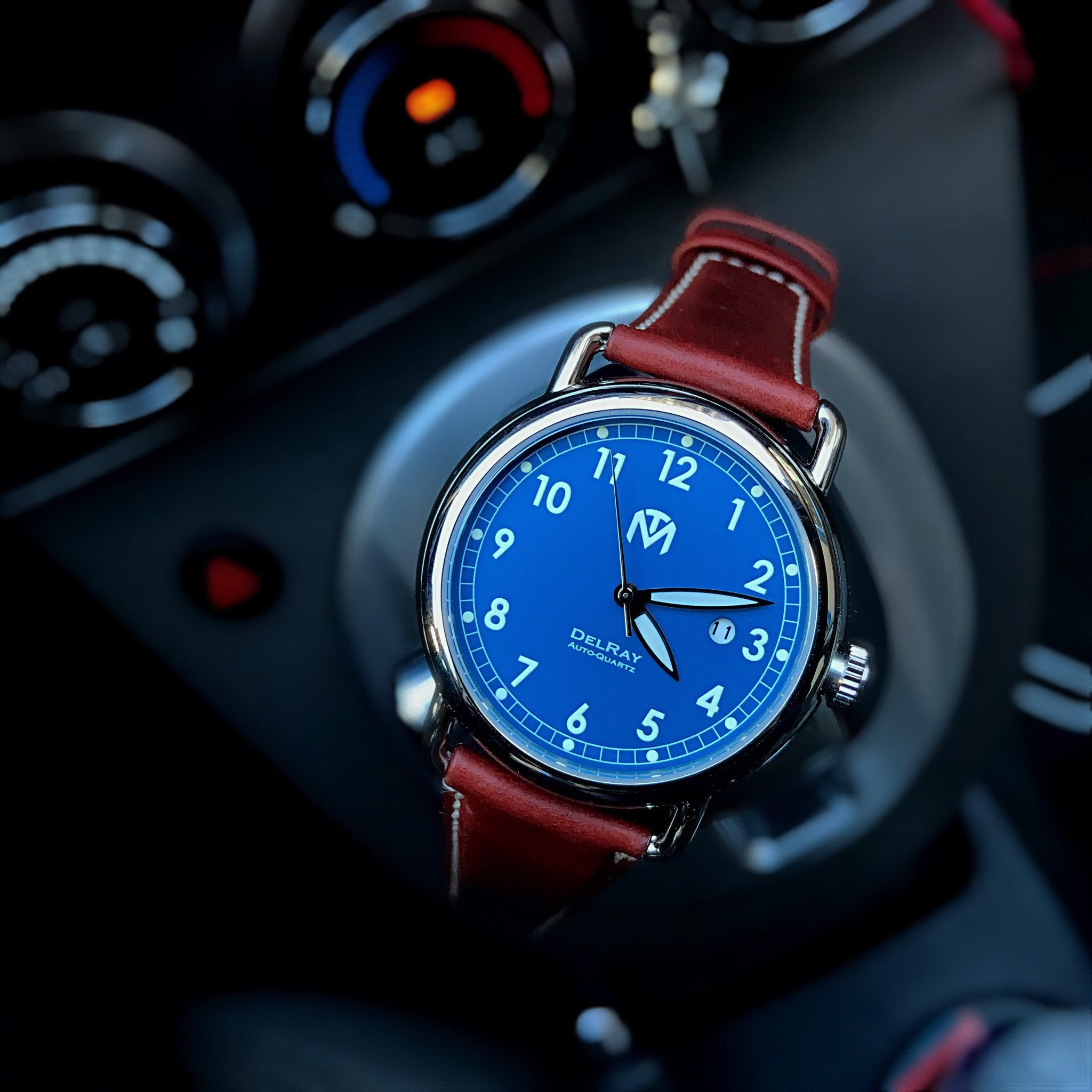 DelRay Men's Watch - Blue Dial - Polished Case Watch - McDowell Time Auto-Quartz Kinetic Movement YT57