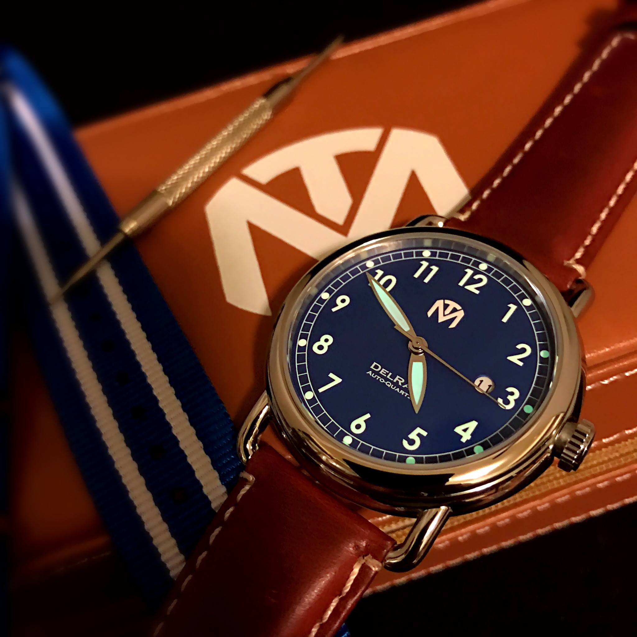 DelRay Men's Watch - Blue Dial - Polished Case Watch - McDowell Time Auto-Quartz Kinetic Movement YT57