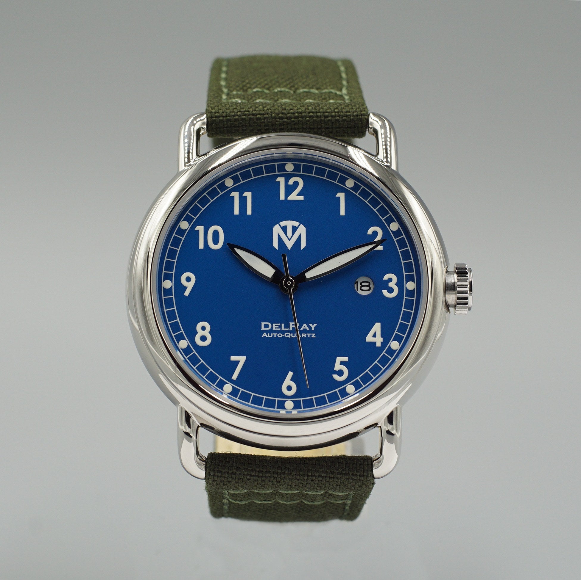 DelRay Men's Watch - Blue Dial - Polished Case Watch - McDowell Time Auto-Quartz Kinetic Movement YT57