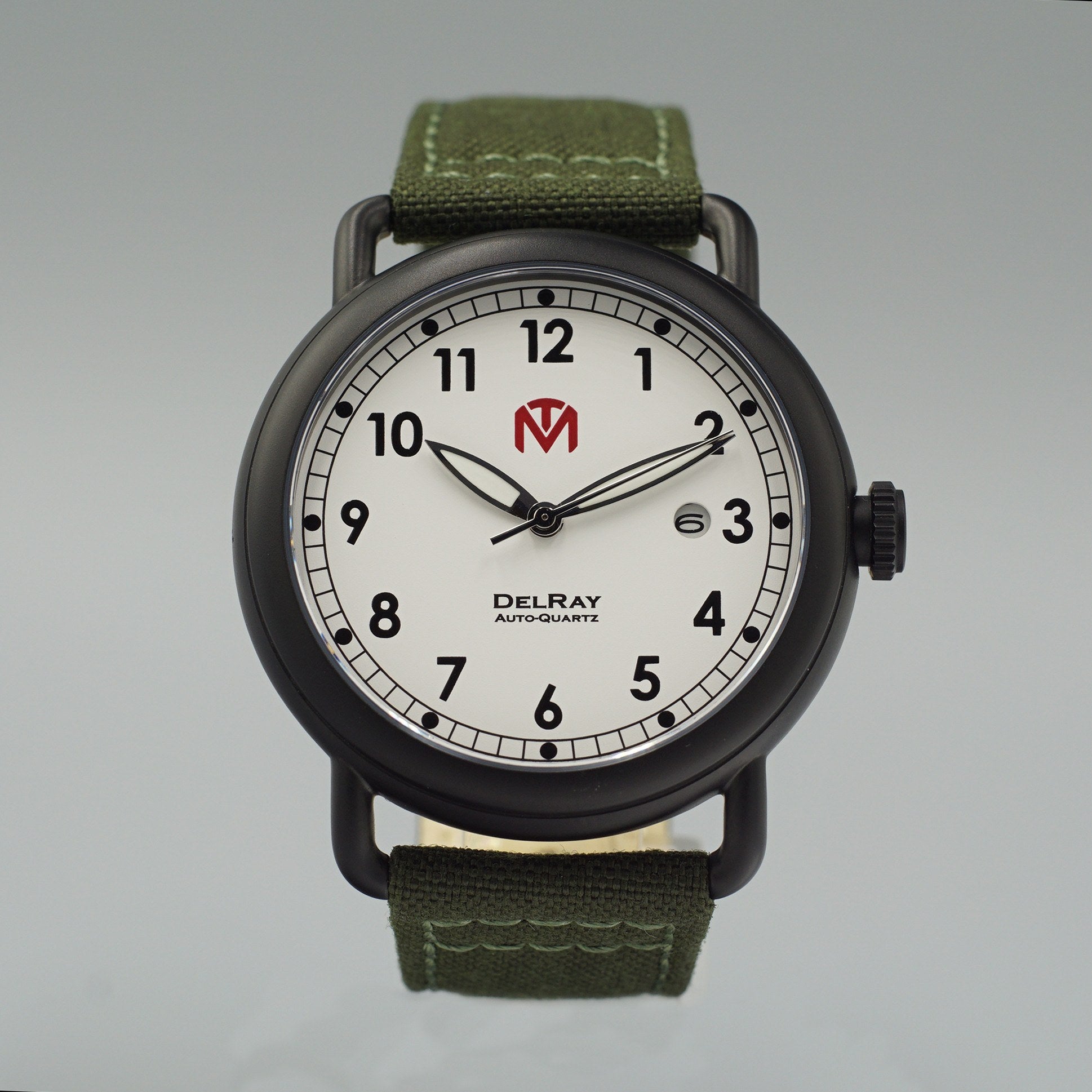 DelRay Men's Watch - White Dial - PVD Black Case Watch - McDowell Time Auto-Quartz Kinetic Movement YT57